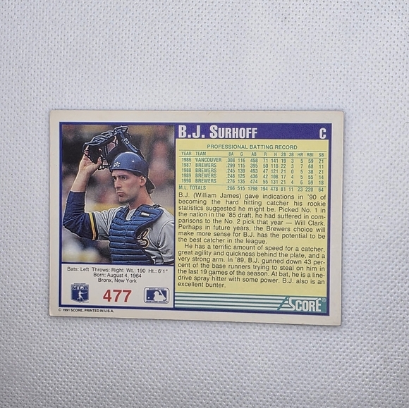 1991 Score B.J. Surhoff Milwaukee Brewers #477 Baseball Card - Picture 3 of 4